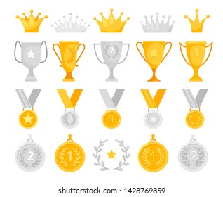 Gold and silver awards set on white background, vector illustration