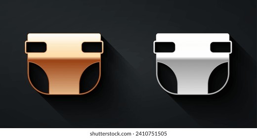 Gold and silver Baby absorbent diaper icon isolated on black background. Long shadow style. Vector