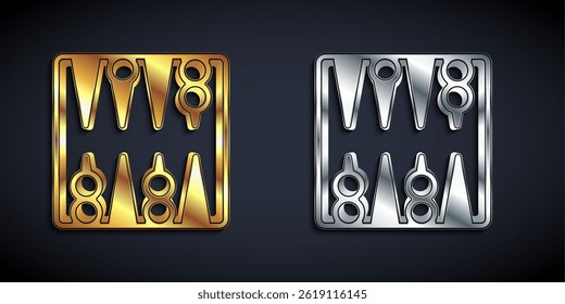 Gold and silver Backgammon board icon isolated on black background. Long shadow style. Vector