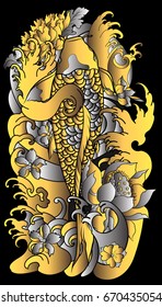 Gold and Silver background for wallpaper and poster.Gold Koi carp with Water splash,lotus,Sakura and peony flower.Japanese art style and illustration for coloring book.tattoo design