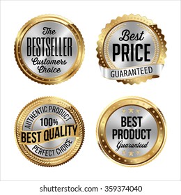 Gold and Silver Badges. Set of Four. Bestseller, Best Price, Best Quality, Best Product.