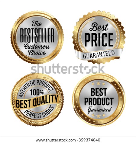 Gold and Silver Badges. Set of Four. Bestseller, Best Price, Best Quality, Best Product.