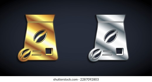 Gold and silver Bag of coffee beans icon isolated on black background. Long shadow style. Vector