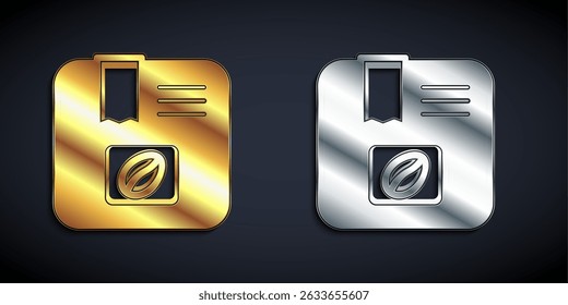 Gold and silver Bag of coffee beans icon isolated on black background. Long shadow style. Vector