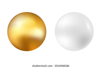 Gold and silver ball. Golden and white spheres on light background. Metal ball or pearl. Realistic 3d circle with shine. Cosmetics packaging design. Vector illustration.