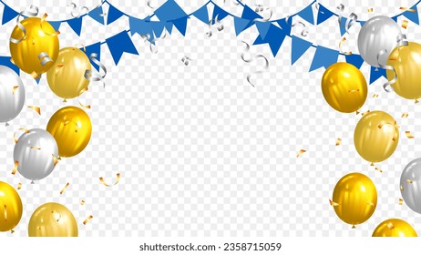 gold and silver balloon decorated with blue garland flags and confetti congratulation celebration template banner vector illustration