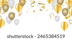 Gold and silver balloons with confetti on white background. Vector illustration.