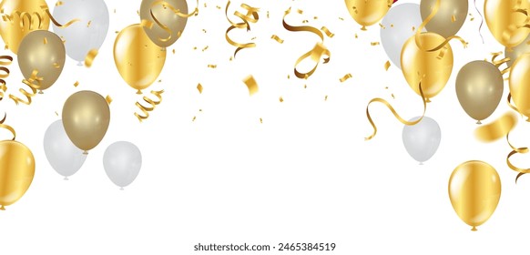 Gold and silver balloons with confetti on white background. Vector illustration.