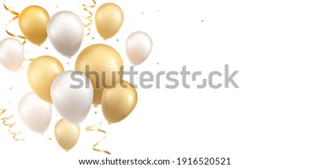 Gold and silver balloons with confetti on white background. Celebration background design.