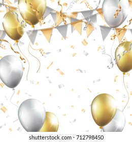 Gold And Silver Balloons, Confetti, Streamers And Party Flag On White Background. Vector Illustration.