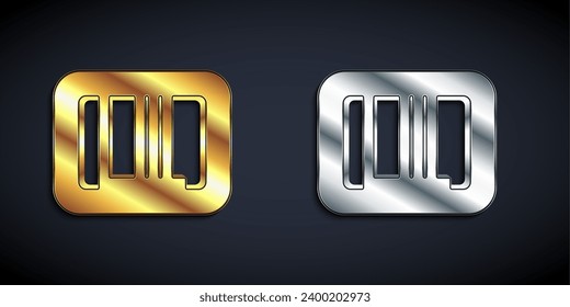 Icono de código de barras dorado y plateado aislado en fondo negro. Estilo de sombra larga. Vector