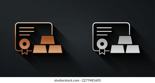 Gold- und Silberbarren mit Zertifikatssymbol einzeln auf schwarzem Hintergrund. Bankgeschäft-Konzept. Lange Schattenstil. Vektorgrafik