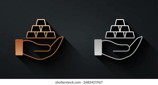 Gold and silver Gold bars in hand icon isolated on black background. Banking business concept. Long shadow style. Vector