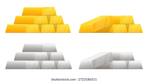 Barras de ouro e prata. Metais preciosos empilhados uns sobre os outros. Investimento em dinheiro. Blocos de platina. Economias financeiras. Lingotes dourados. Câmbio. Sucesso financeiro. Conjunto de vetores de bricks de lucro