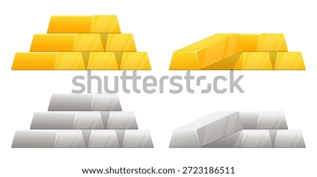 Gold and silver bars. Precious metals stacked on top of each other. Money investment. Platinum blocks. Finance savings. Golden ingots. Currency exchange. Financial success. Profit bricks vector set