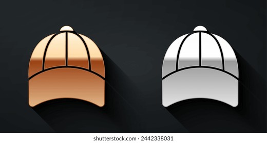 Gold and silver Baseball cap icon isolated on black background. Sport equipment. Sports uniform. Long shadow style. Vector