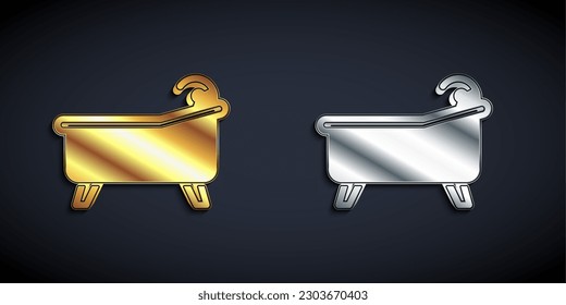 Gold and silver Bathtub icon isolated on black background. Long shadow style. Vector
