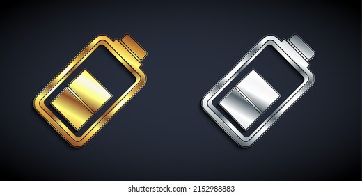 Gold and silver Battery charge level indicator icon isolated on black background. Long shadow style. Vector