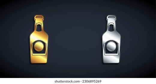 Gold- und Silberbierflasche, Symbol einzeln auf schwarzem Hintergrund. Lange Schattenstil. Vektorgrafik