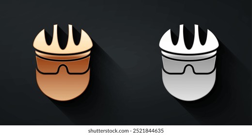 Gold and silver Bicycle helmet icon isolated on black background. Extreme sport. Sport equipment. Long shadow style. Vector