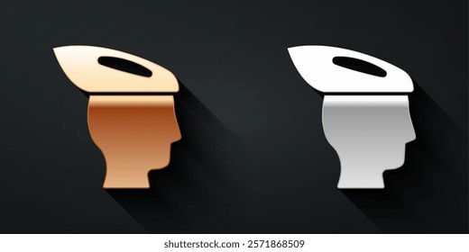 Gold and silver Bicycle helmet icon isolated on black background. Extreme sport. Sport equipment. Long shadow style. Vector