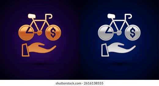 Gold and silver Bicycle rental mobile app icon isolated on black background. Smart service for rent bicycles in the city. Mobile app for sharing system.  Vector