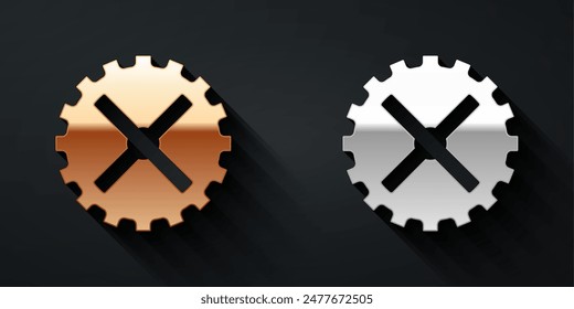 Gold and silver Bicycle sprocket crank icon isolated on black background. Long shadow style. Vector