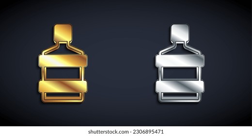 Gold and silver Big bottle with clean water icon isolated on black background. Plastic container for the cooler. Long shadow style. Vector