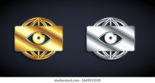 Gold and silver Big brother electronic eye icon isolated on black background. Global surveillance technology, computer systems and networks security. Long shadow style. Vector