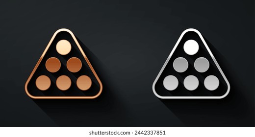 Gold and silver Billiard balls in a rack triangle icon isolated on black background. Long shadow style. Vector