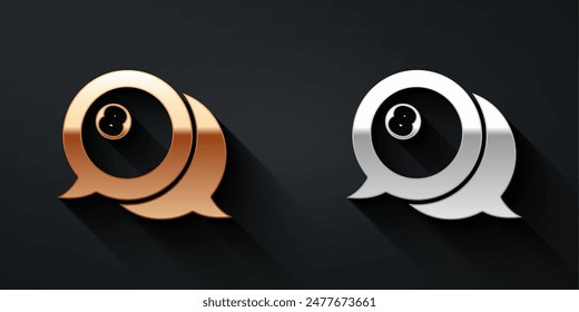 Gold and silver Billiard pool snooker ball with number 8 icon isolated on black background. Long shadow style. Vector