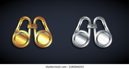 Gold and silver Binoculars icon isolated on black background. Find software sign. Spy equipment symbol. Long shadow style. Vector