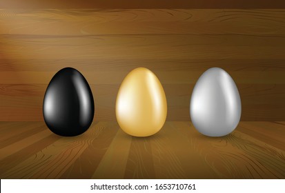 Gold, silver and black eggs collection on wooden background. Set of Easter eggs in wood show room, investment concept. Realistic vector 3d illustration