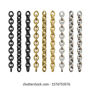 Gold, silver and black metal chains in different angles. 3d realistic illustration. Jewelry set