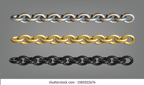 Gold, silver and black metal chains in different angles. 3d realistic illustration. Jewelry set