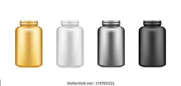 Gold, silver, black supplement plastic bottle mockup isolated on white background. Package design. Blank dietary, sport or fitness nutrition, healthcare template. 3d realistic vector illustration