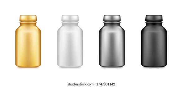 Oro, plata, negro suplementa botellas de plástico de la mofa aisladas en fondo blanco. Diseño de paquetes. Aptitud en blanco, deporte o nutrición, plantilla de asistencia sanitaria. 3.ª ilustración vectorial realista