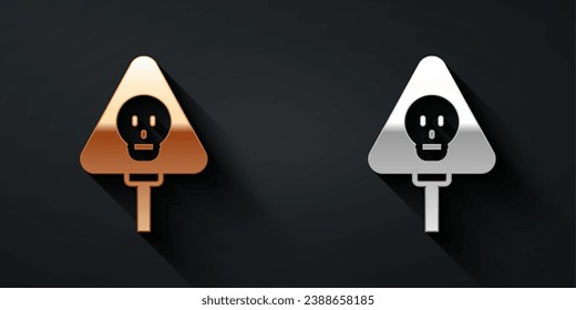 Gold and silver Bones and skull as a sign of toxicity warning icon isolated on black background. Long shadow style. Vector