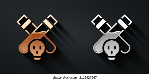 Gold and silver Bottle with potion icon isolated on black background. Flask with magic potion. Happy Halloween party. Long shadow style. Vector
