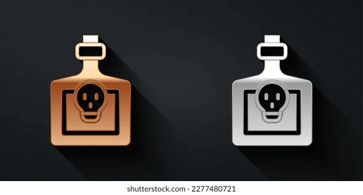 Botella dorada y plateada con icono de poción aislado en el fondo negro. Enarbolar con poción mágica. Feliz fiesta de Halloween. Estilo de sombra larga. Vector