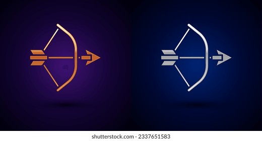 Gold and silver Bow and arrow in quiver icon isolated on black background.  Vector