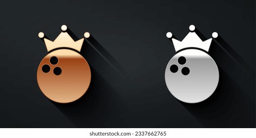 Gold and silver Bowling ball icon isolated on black background. Sport equipment. Long shadow style. Vector