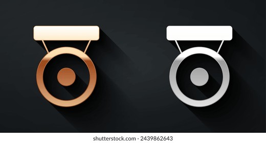 Gold and silver Boxing gong icon isolated on black background. Boxing bell. Long shadow style. Vector