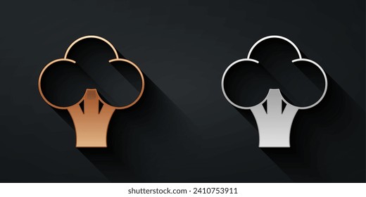 Gold and silver Broccoli icon isolated Gold and silver background. Long shadow style. Vector