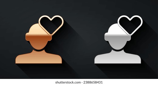 Gold and silver Broken heart or divorce icon isolated on black background. Love symbol. Valentines day. Long shadow style. Vector