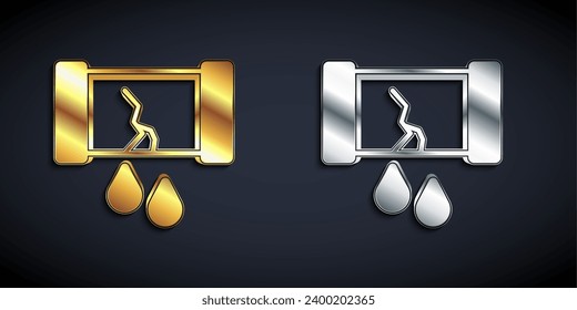Gold and silver Broken oil pipe with valve icon isolated on black background. Long shadow style. Vector