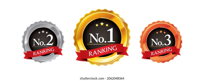 Gold, silver and bronze 1st, 2nd and 3rd ranking icon set