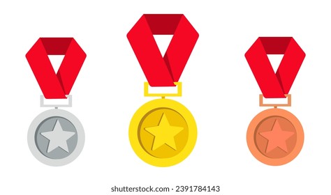 Gold, silver, bronze. 1st, 2nd and 3rd places. Trophy with red ribbon. Flat style - stock vector.
