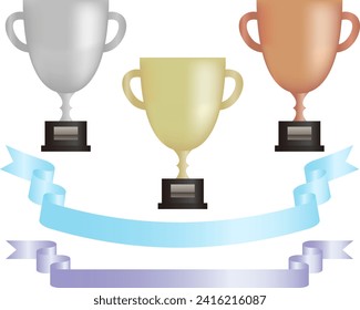 Gold, silver, bronze 1st to 3rd place trophies and ribbon set