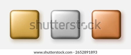 Gold, silver and bronze 3D square buttons with metallic gloss. Vector illustration